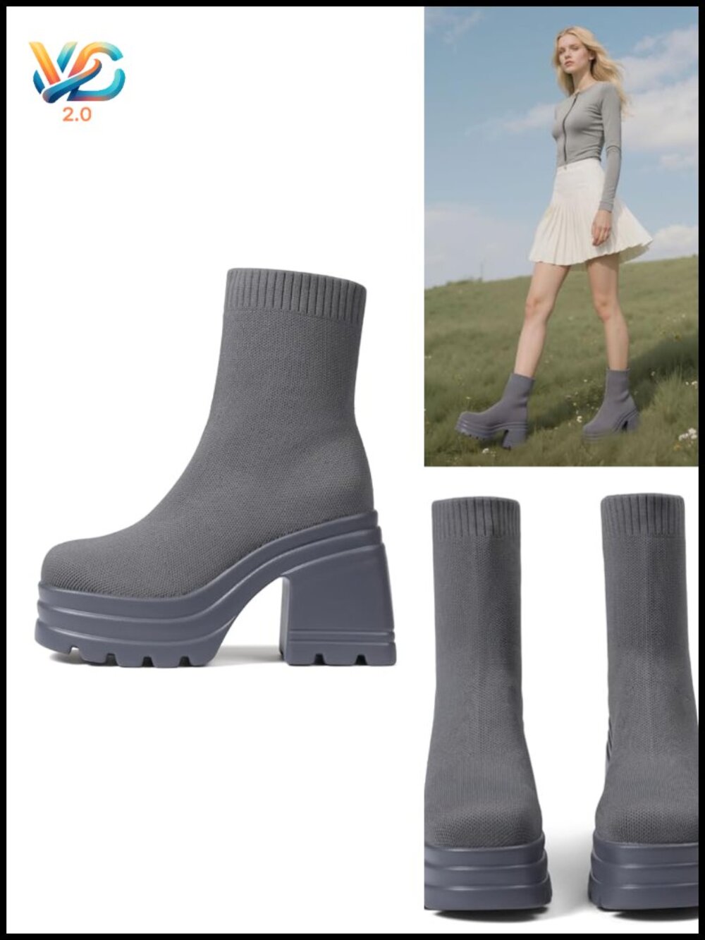 Women's Comfortable Square Toe Slip On Stretch Knit Platform Chunky Heel Sock
